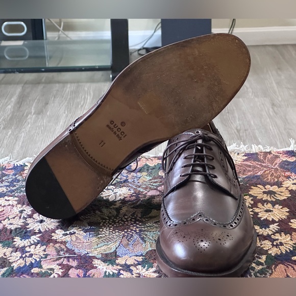 Gucci Signature Stripe Wingtip Brown Leather Men’s Brogue Oxfords Size 11 US 12 - Picture 7 of 15